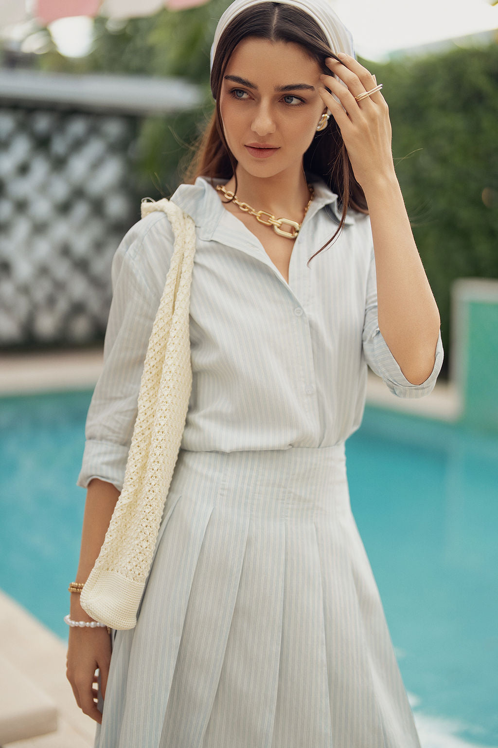 Linda Top- Light Blue Pinstripes