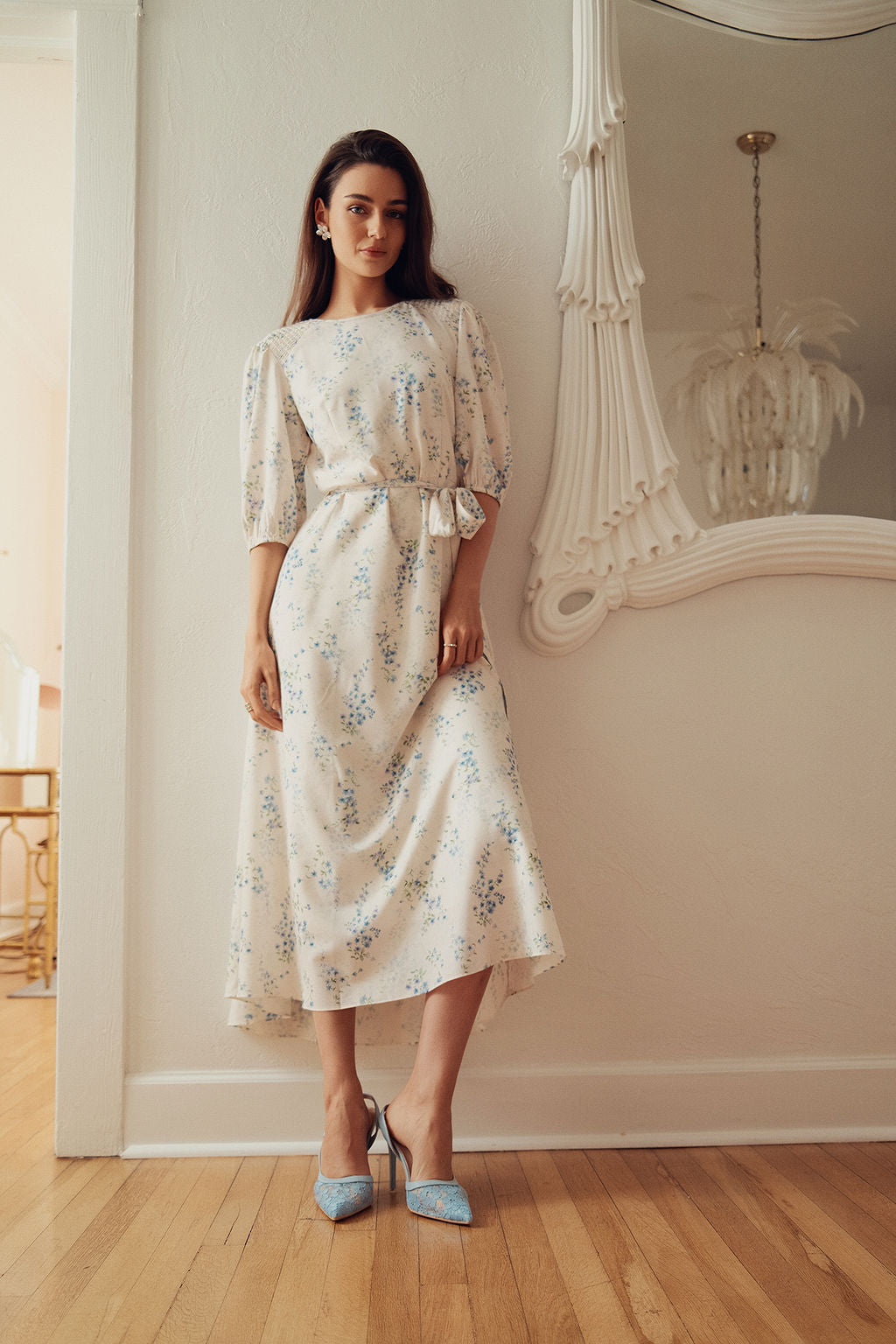 Smocked Shoulder Dress- White Floral