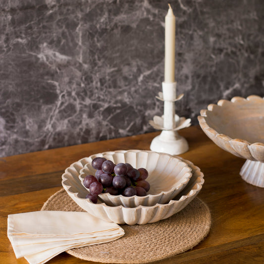 Hand-Carved Scallop Serenity Mango Wood Bowls Set of 2, Grey Finish