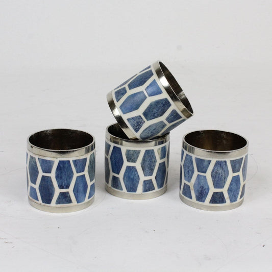 Gramercy Napkin Ring Set in Indigo & White with Silver Trim