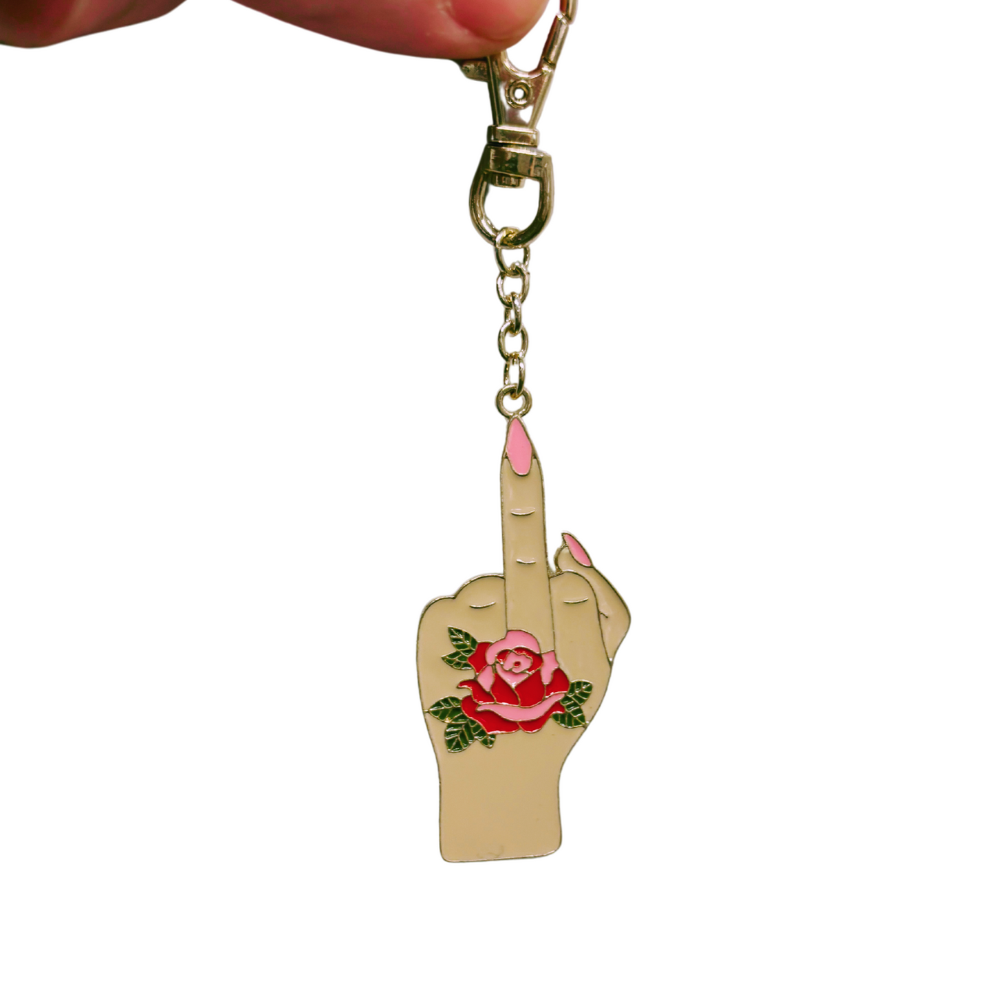 Middle Finger Vintage Hand w/ Rose Tattoo Enamel Key or Bag Charm