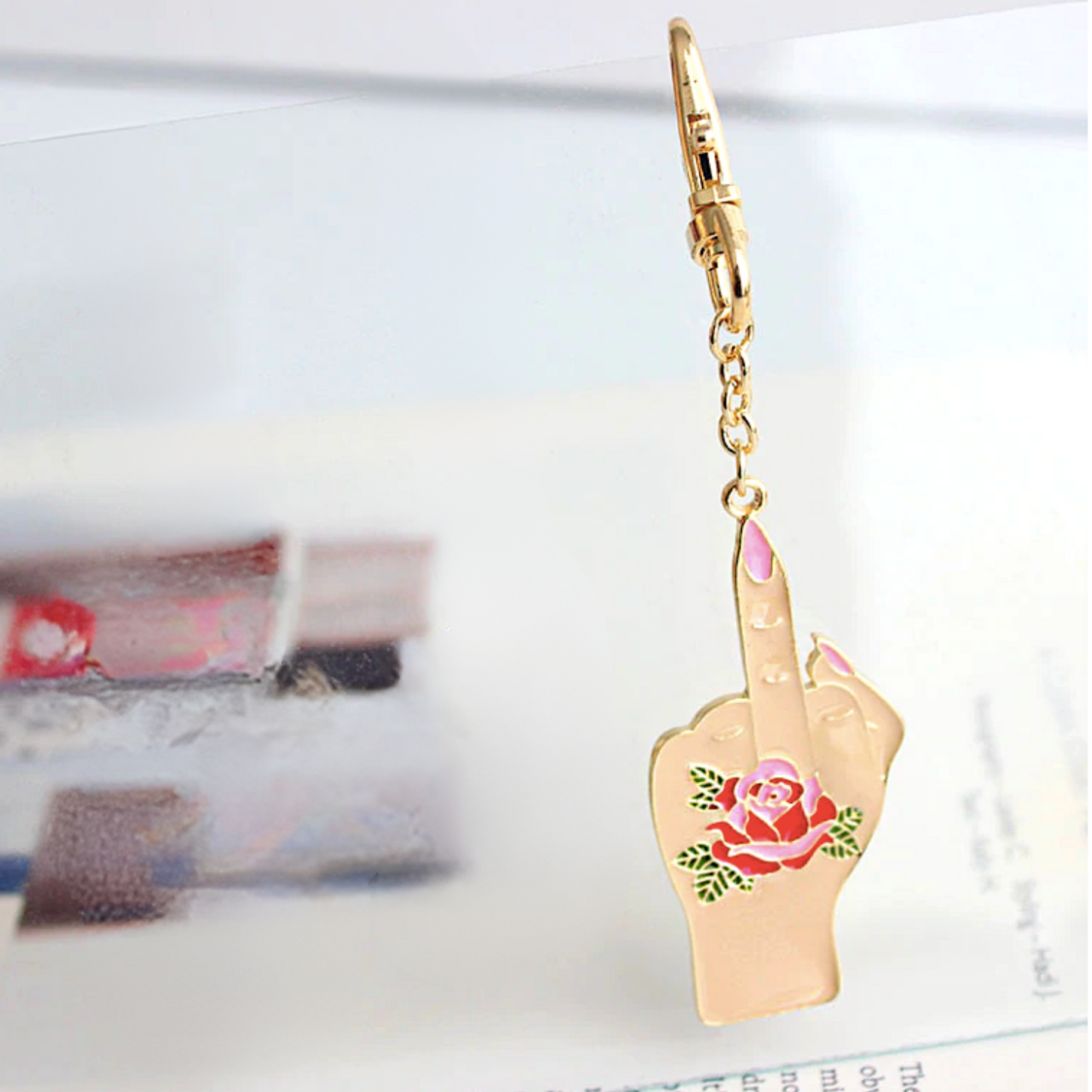 Middle Finger Vintage Hand w/ Rose Tattoo Enamel Key or Bag Charm