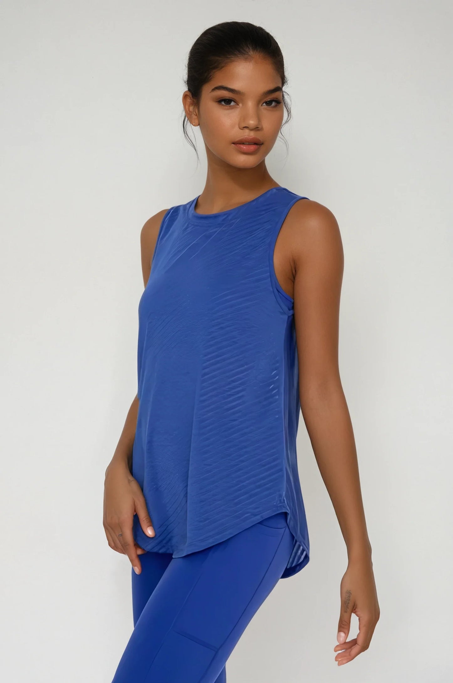 Sheer Striped Mesh Active Tank with Cut-Out Back Blue