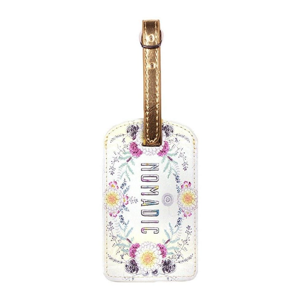 Nomadic Boho Luggage Tag | Floral Sunrise Wreath Design with Metallic Strap