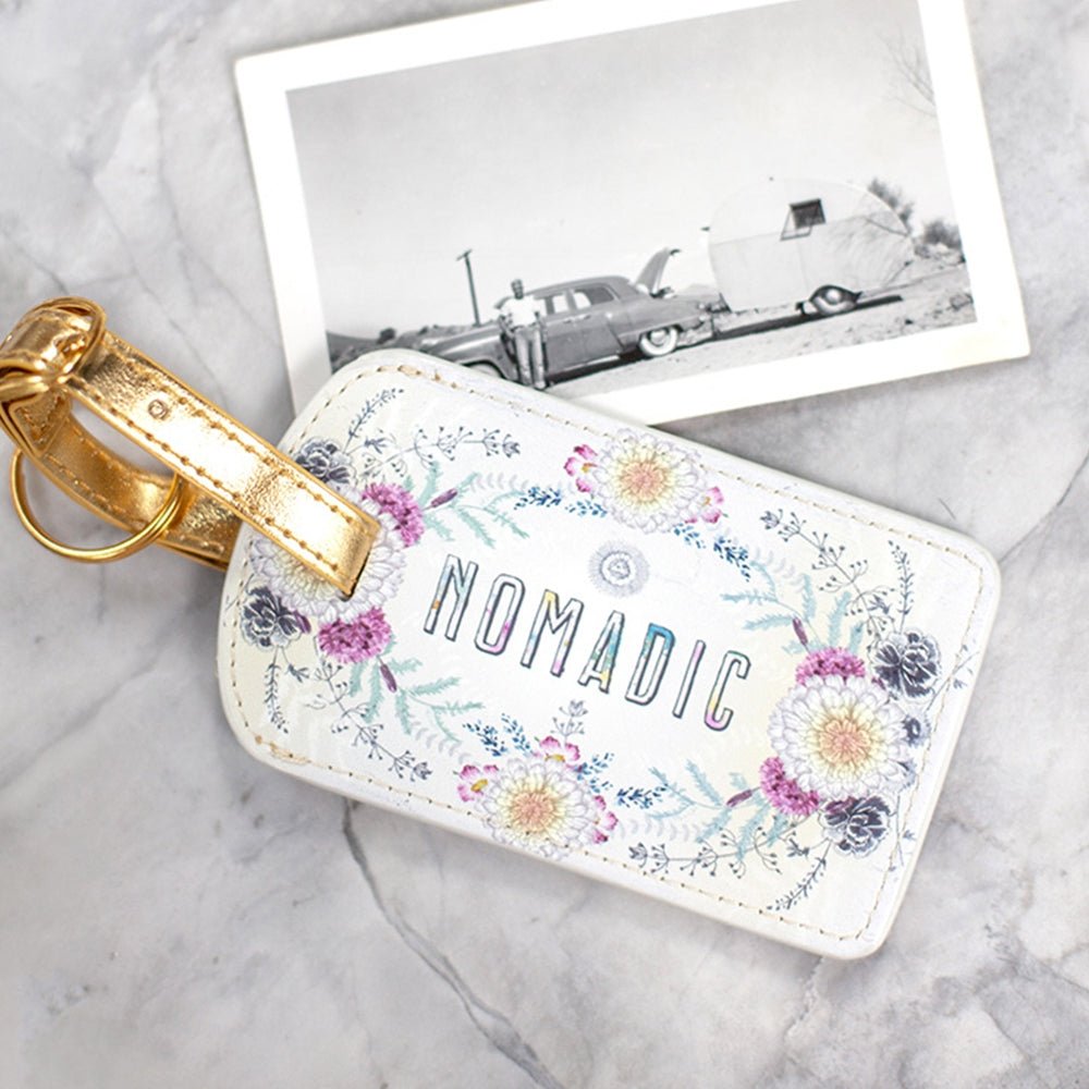 Nomadic Boho Luggage Tag | Floral Sunrise Wreath Design with Metallic Strap
