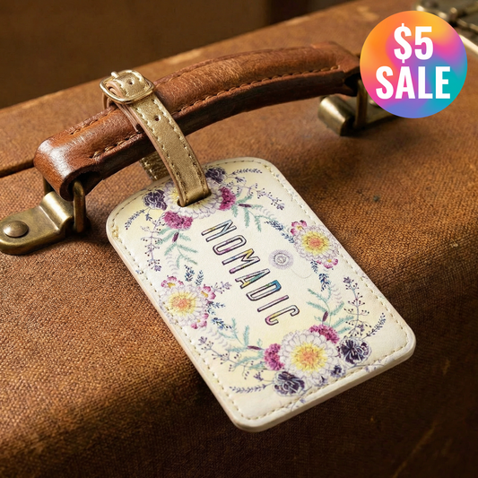 Nomadic Boho Luggage Tag | Floral Sunrise Wreath Design with Metallic Strap