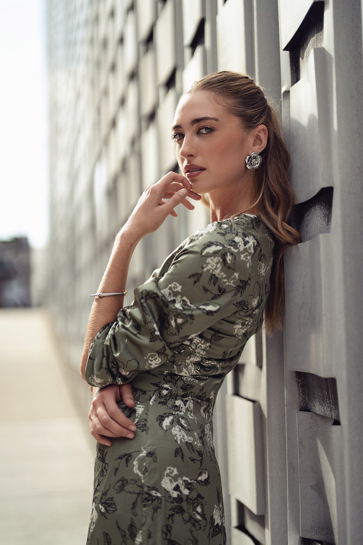 Side Ruched Dress- Soft Olive and Roses