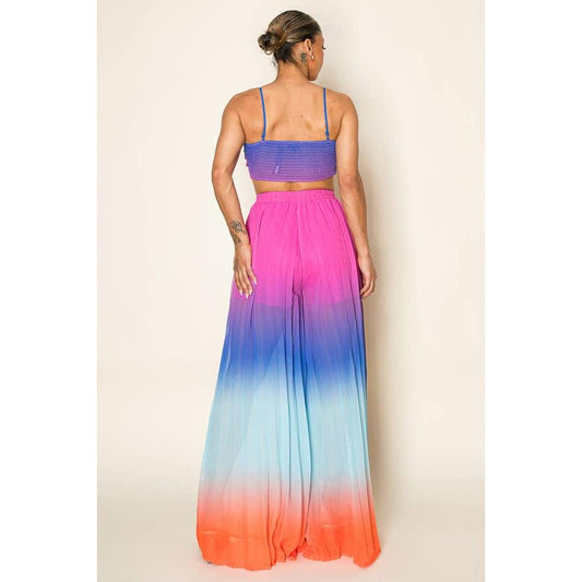 Ombre Pleated Bra Top & Wide Leg Pants Set | Rainbow Summer Beach Pool Attire