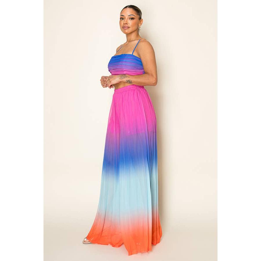 Ombre Pleated Bra Top & Wide Leg Pants Set | Rainbow Summer Beach Pool Attire