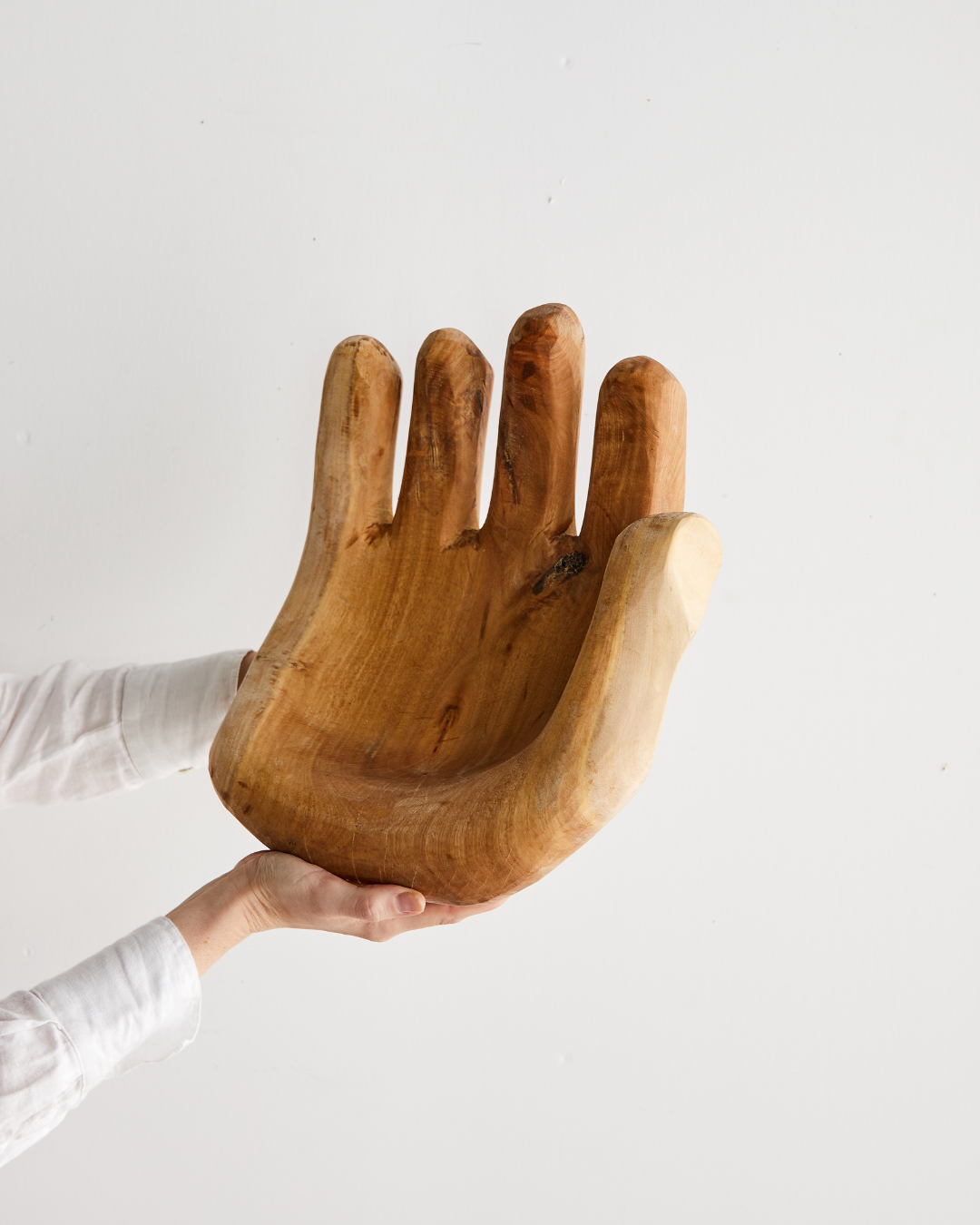 Open Hand Hand-Carved Wooden Bowl Sculpture