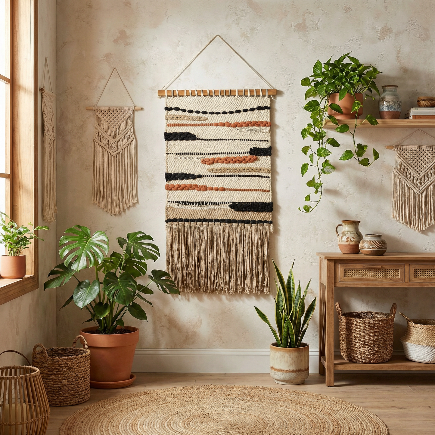 Ophelia Boho Woven Wall Hanging | Cotton Fringe Tapestry with Wooden Rod