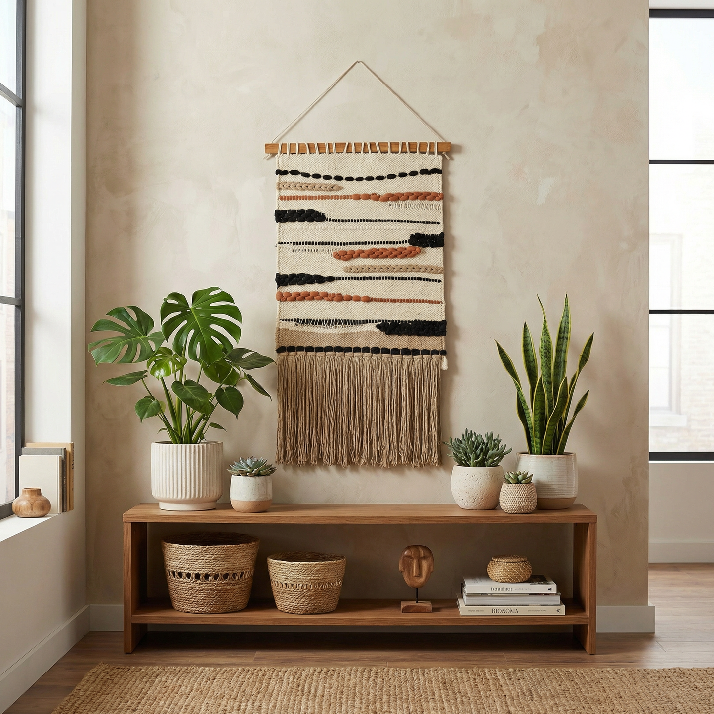 Ophelia Boho Woven Wall Hanging | Cotton Fringe Tapestry with Wooden Rod