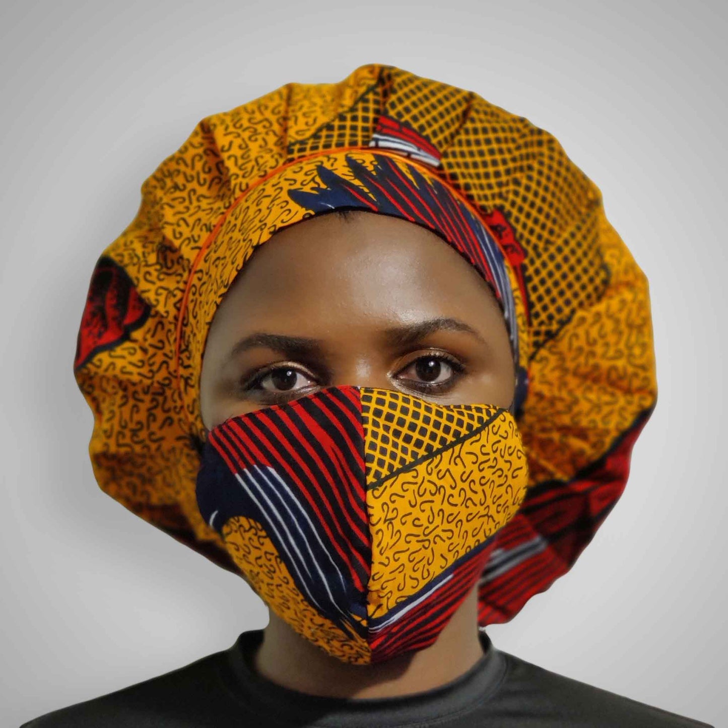 Kente Bonnet & Face Mask (Aqua Blue & Red)