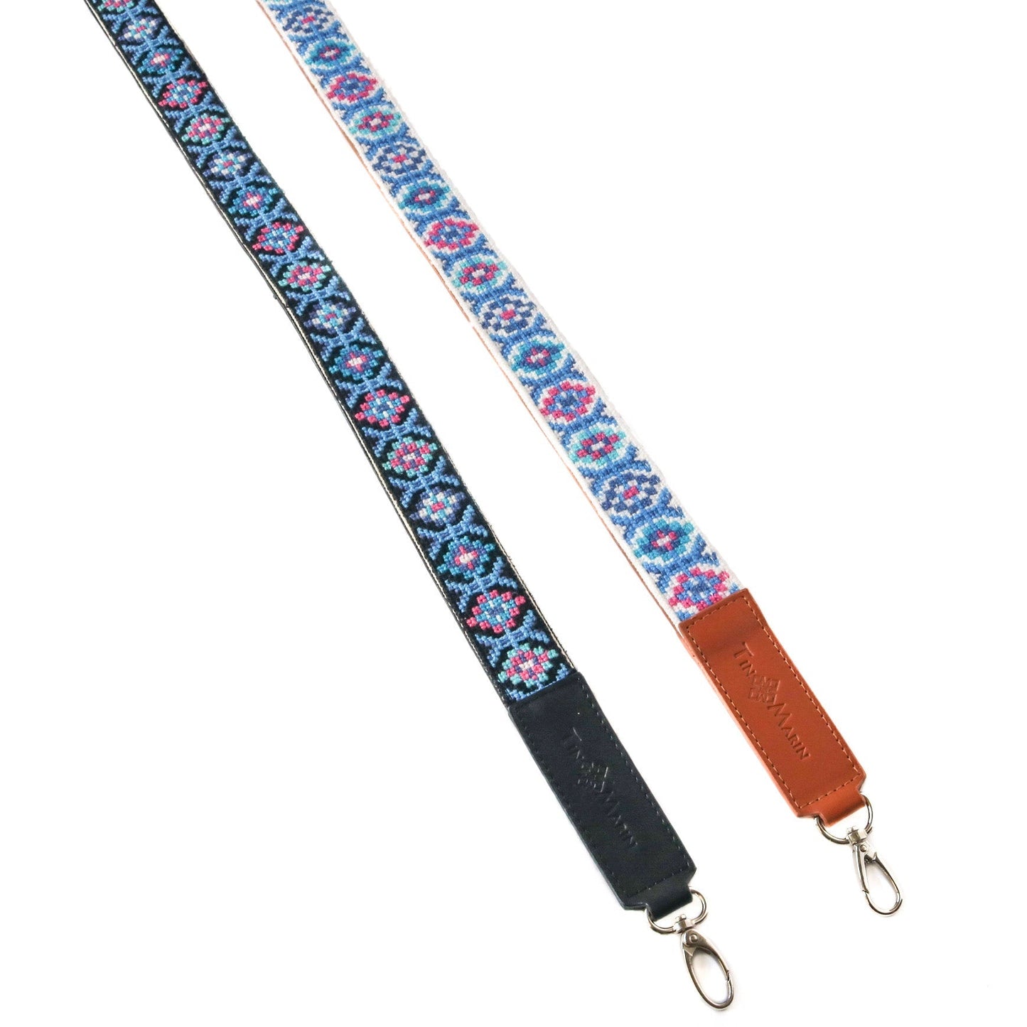 Mai Woven Bag Strap - Blue & Pink with Leather