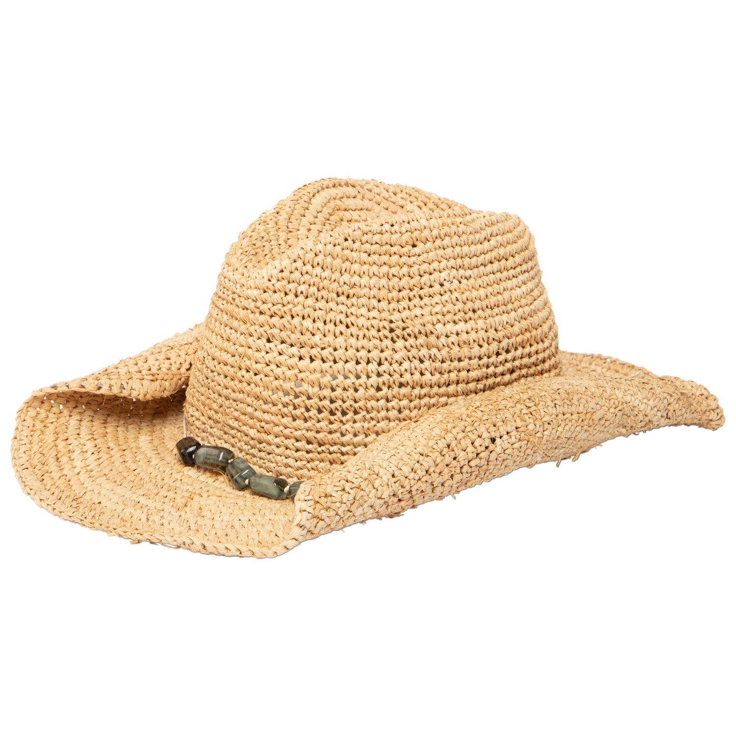 Women's Crocheted Raffia Cowboy Hat with Stone Trim