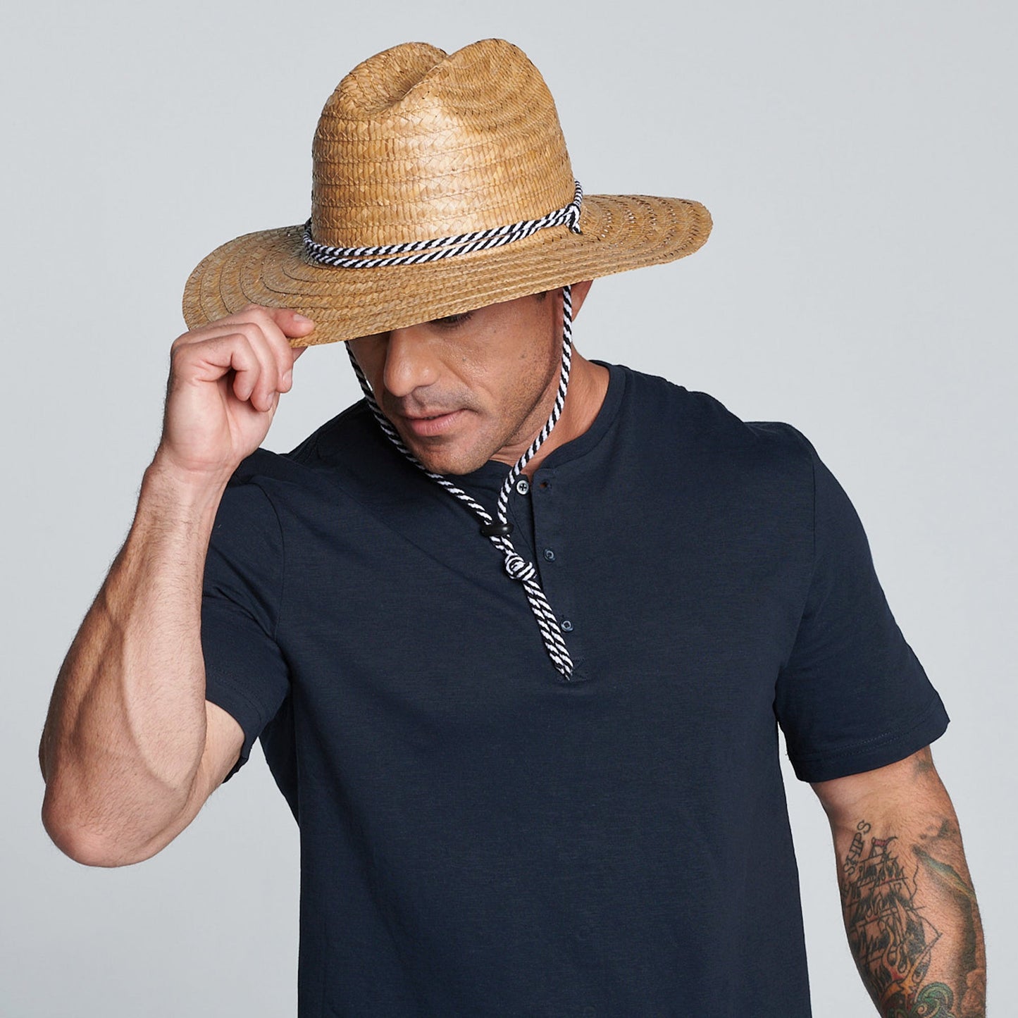 Men's kwai braided straw lifeguard with adjustable black and white chin cord (RSM586)