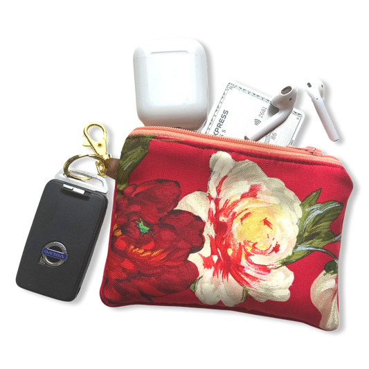 Red Floral Vintage Silk Scarf Coffee Run Keychain Bag
