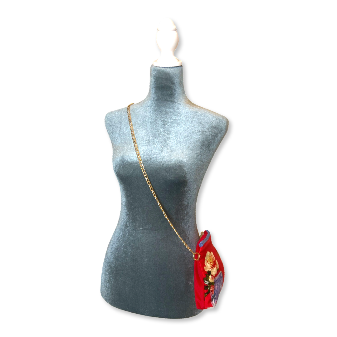 Red Floral Vintage Silk Scarf Crossbody Bag