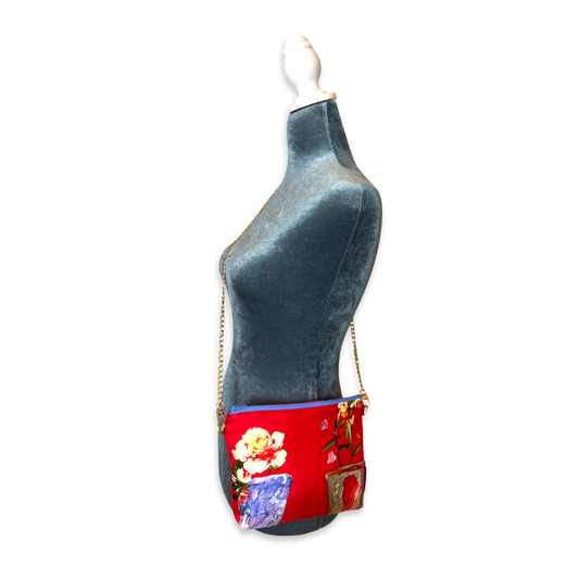 Red Floral Vintage Silk Scarf Crossbody Bag