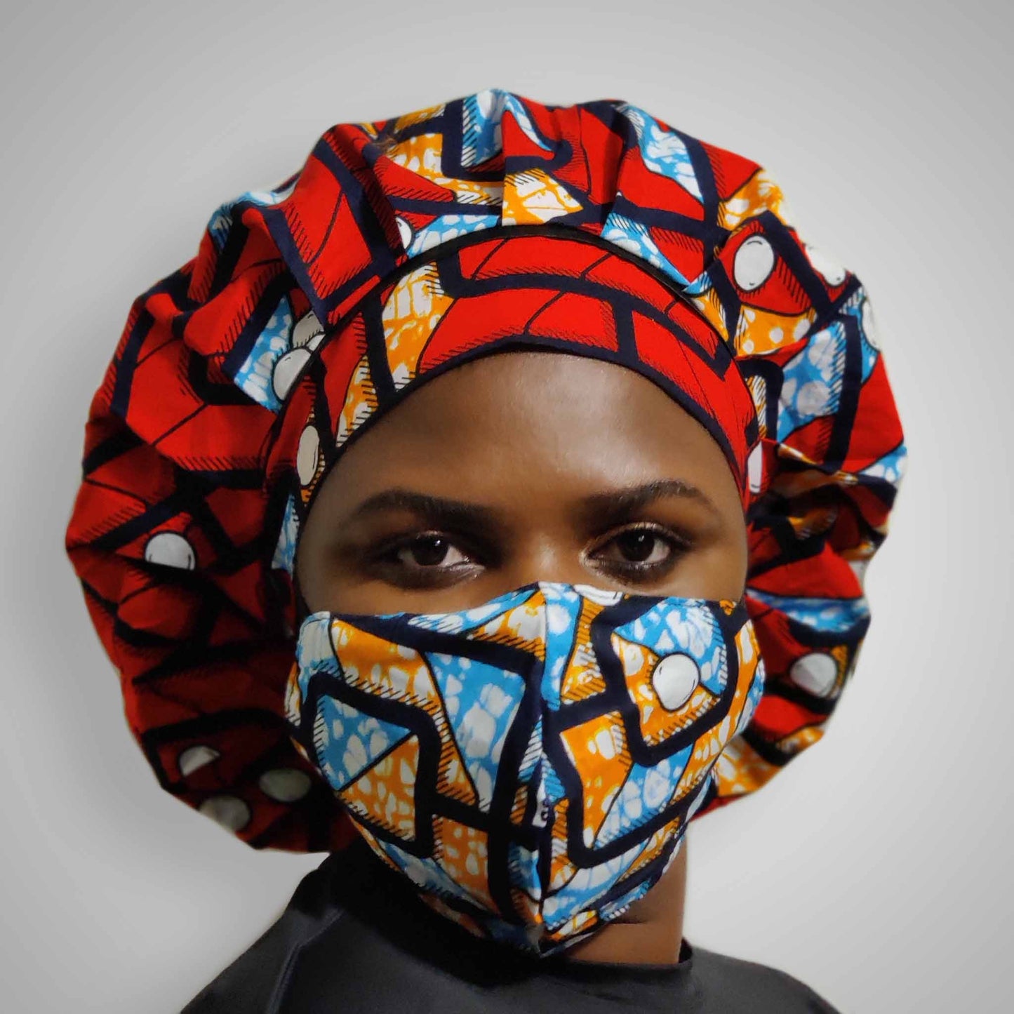 Kente Bonnet & Face Mask (Red/Blue)