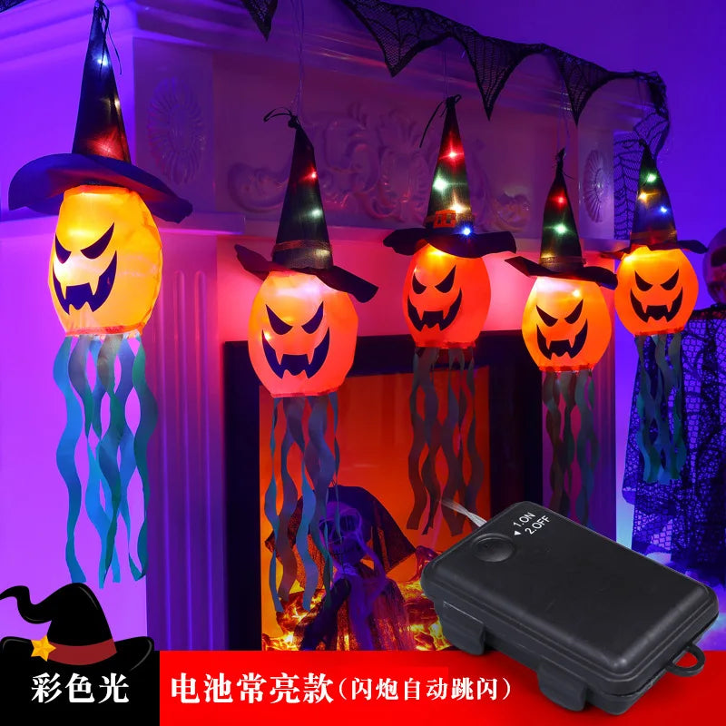 1 Pcs Halloween Decoration Flashing Light Gypsophila Ghost Festival Dress Up Glowing Wizard Ghost Hat Lamp Decor Hanging Lantern