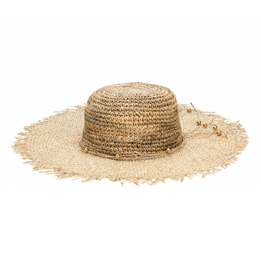 Runaway - Crochet Seagrass Crown with Open Weave Brim and Gold Beaded Trim