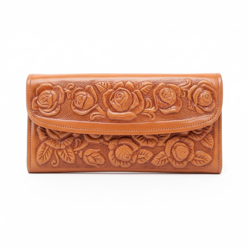 Leather Western Clutch - Tan Flower