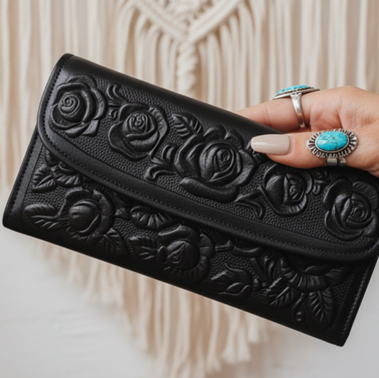 Leather Western Clutch - Black Flower