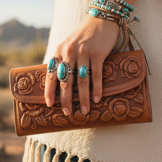 Leather Western Clutch - Tan Flower