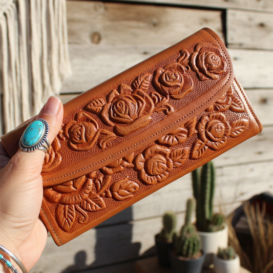 Leather Western Clutch - Tan Flower