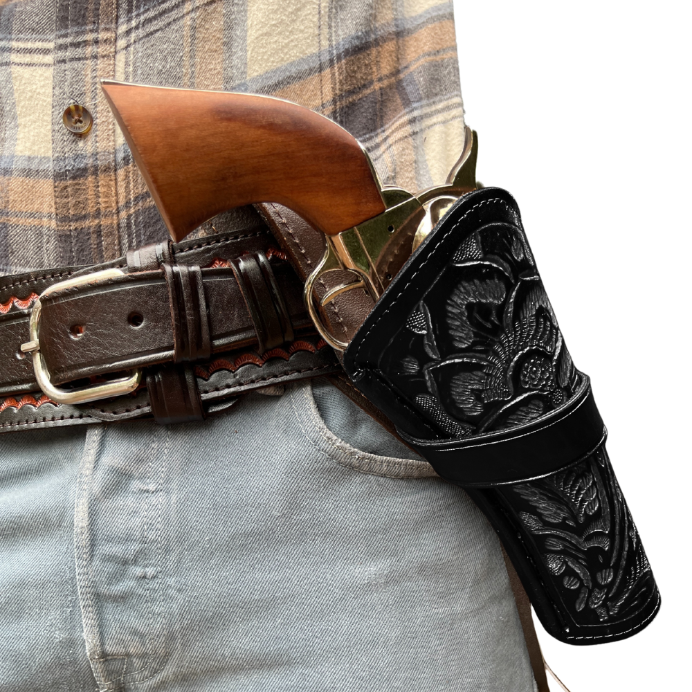 Left Hand Cross Draw Leather Holster - Black Tooled