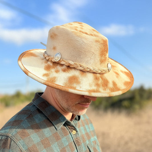 Cowhide Rancher Cowboy Hat - White & Tan Patches