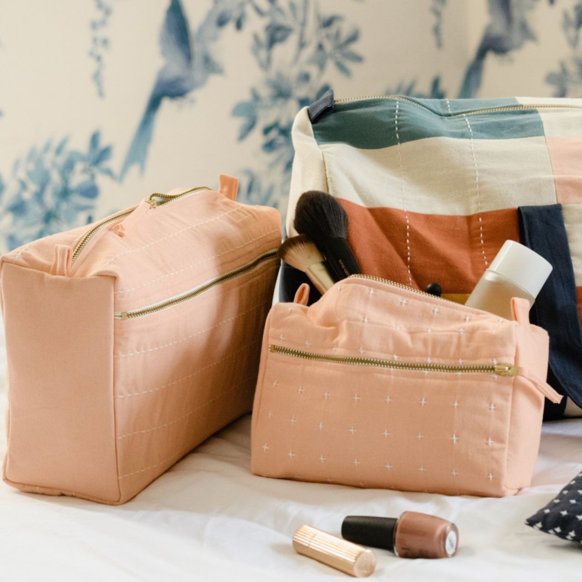 Large Toiletry Bag | Blush Pink Pin-Stitch