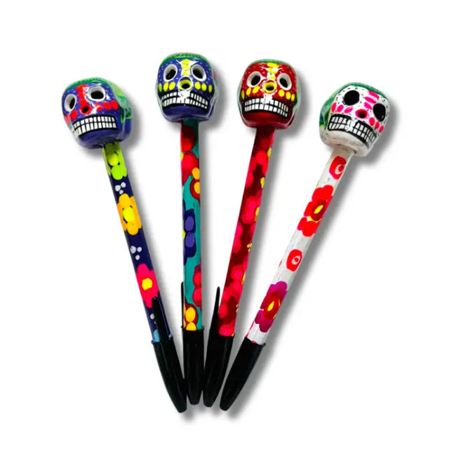 Hand-Painted Sugar Skull Ceramic Floral Pen - Unique Mexican Design - Mexico - Osadia Concept Store