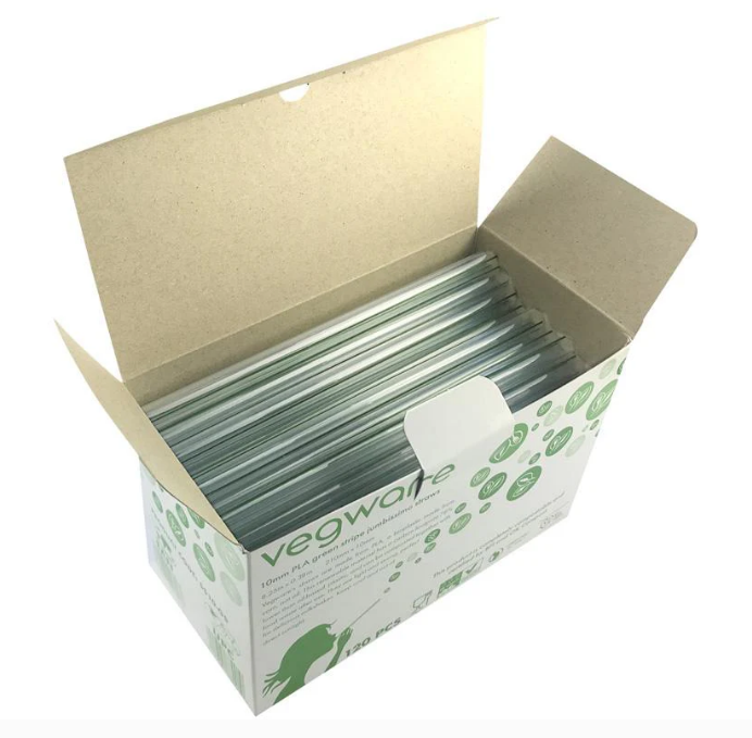 8.25" x 10mm Unwrapped Jumbo Boba Straw Compostable PLA Green Stripe (QTY:1920)