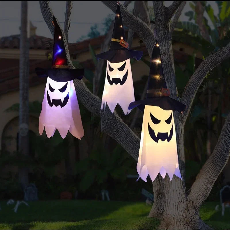 1 Pcs Halloween Decoration Flashing Light Gypsophila Ghost Festival Dress Up Glowing Wizard Ghost Hat Lamp Decor Hanging Lantern