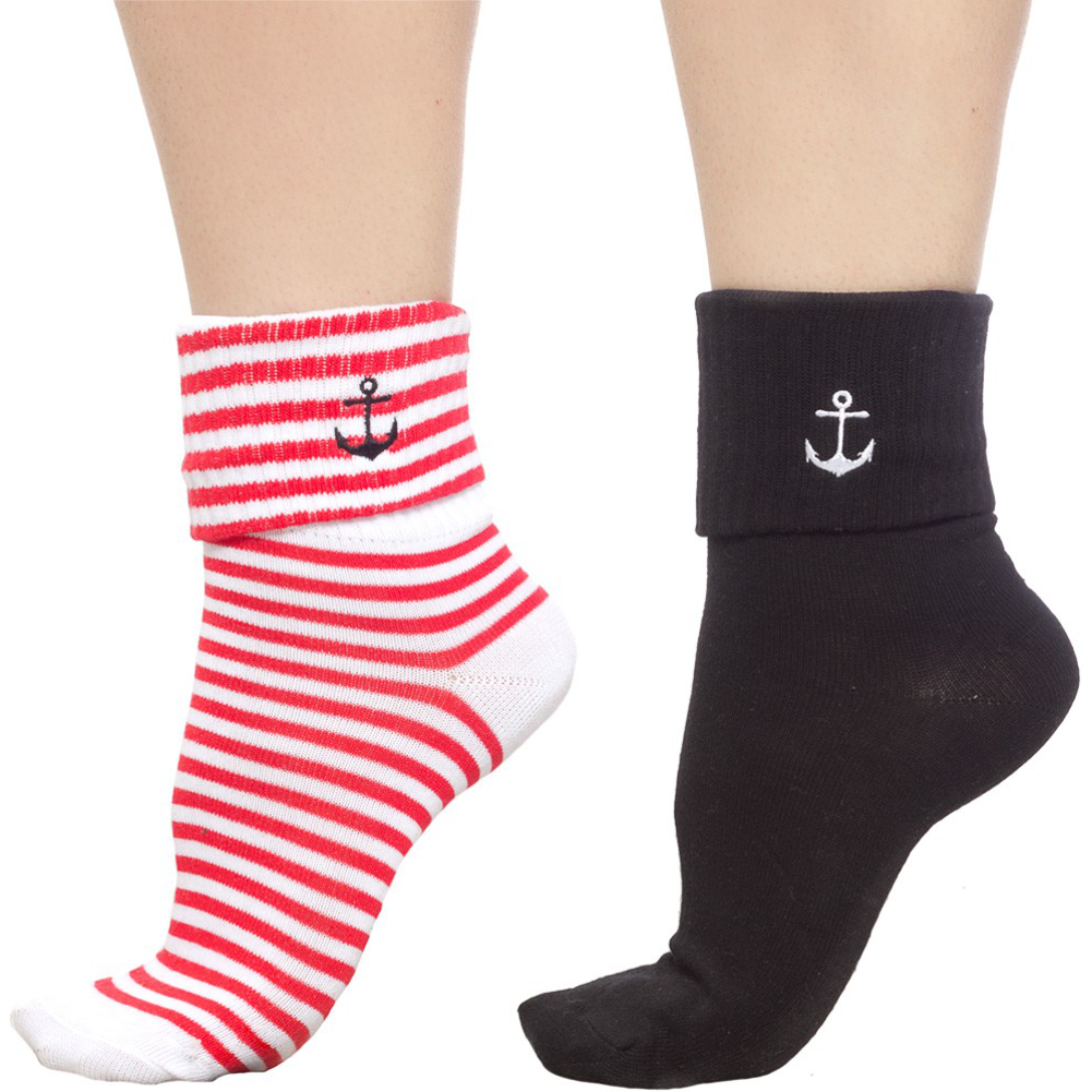 Sourpuss Anchor Socks Set of Two | Nautical Red Striped & Black Ankle Socks Women’s Size 5-10