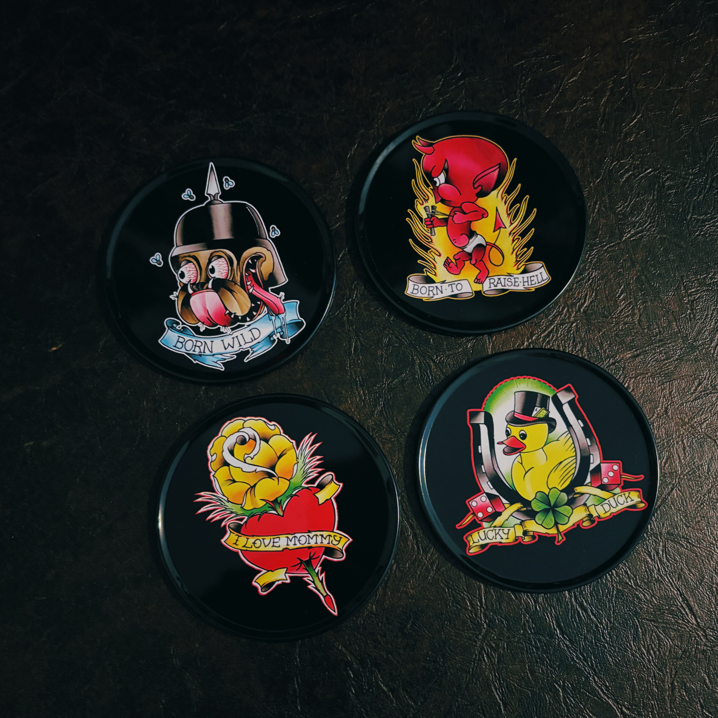 Sourpuss Coasters | Tattoo Flash Cartoon Set of Four | Metal & Cork Retro Round Drinkware with Tin