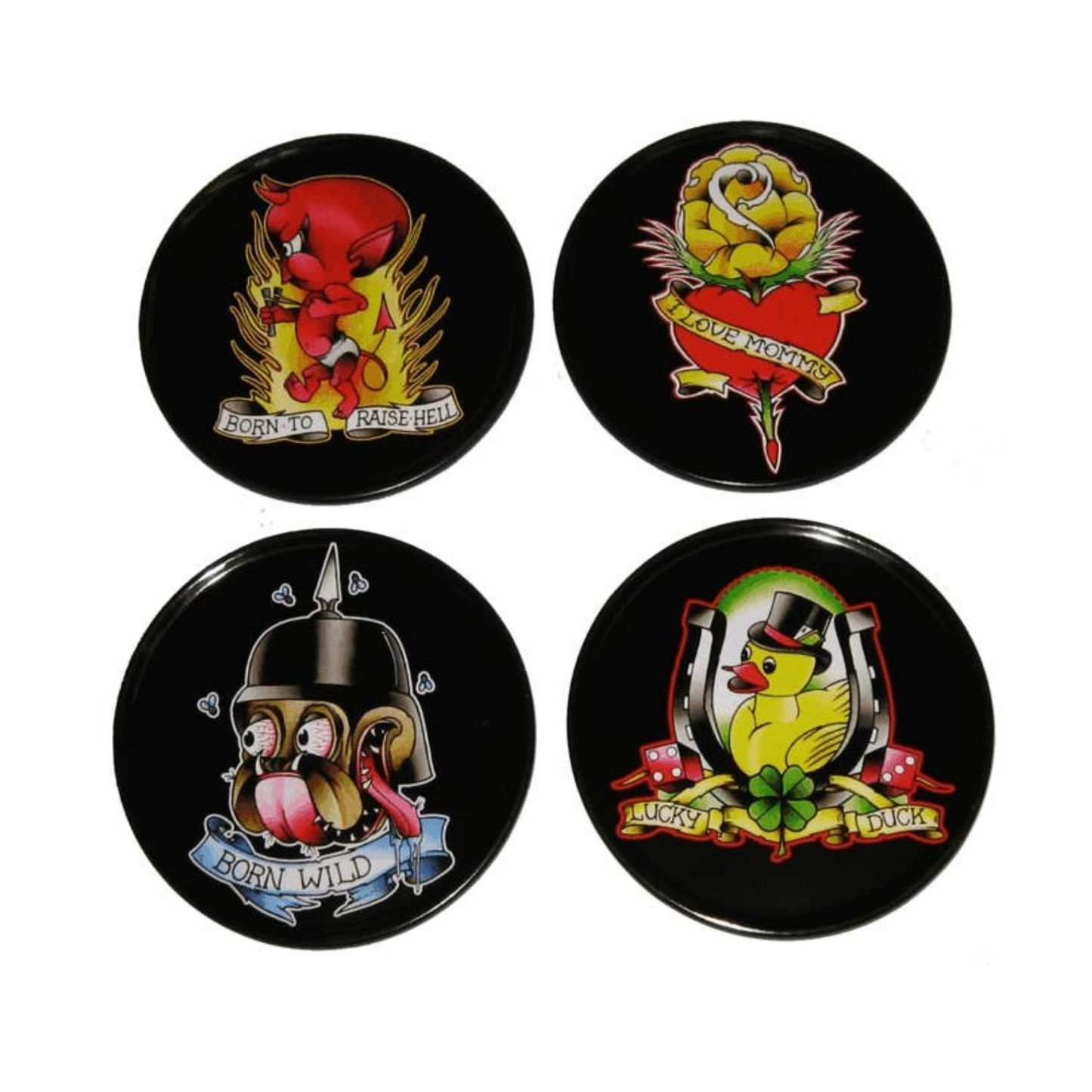 Sourpuss Coasters | Tattoo Flash Cartoon Set of Four | Metal & Cork Retro Round Drinkware with Tin