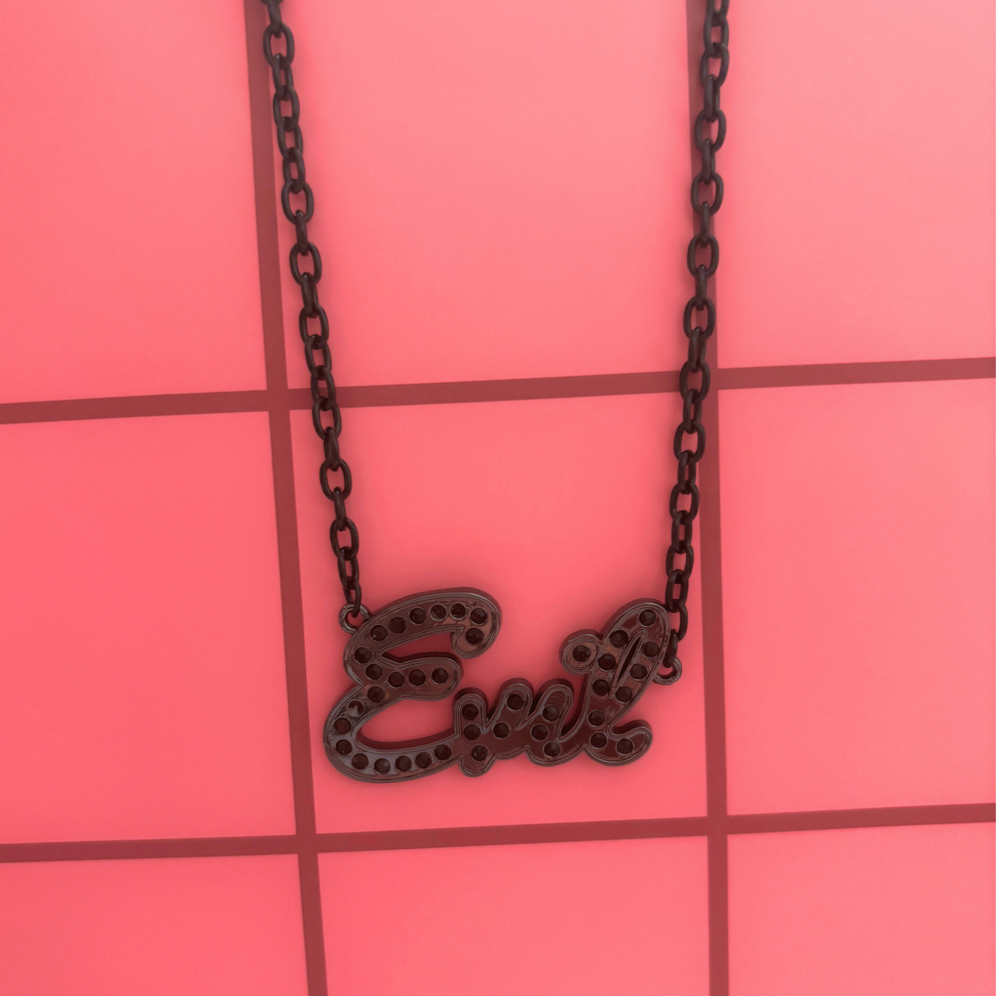 Sourpuss “Evil” Pendant Necklace with Black Rhinestones Gothic Statement Jewelry