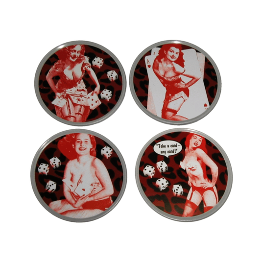 Sourpuss Nudie Coasters | Rockabilly Pin-Up Girls Set of Four | Metal & Cork Retro Drinkware with Storage Tin