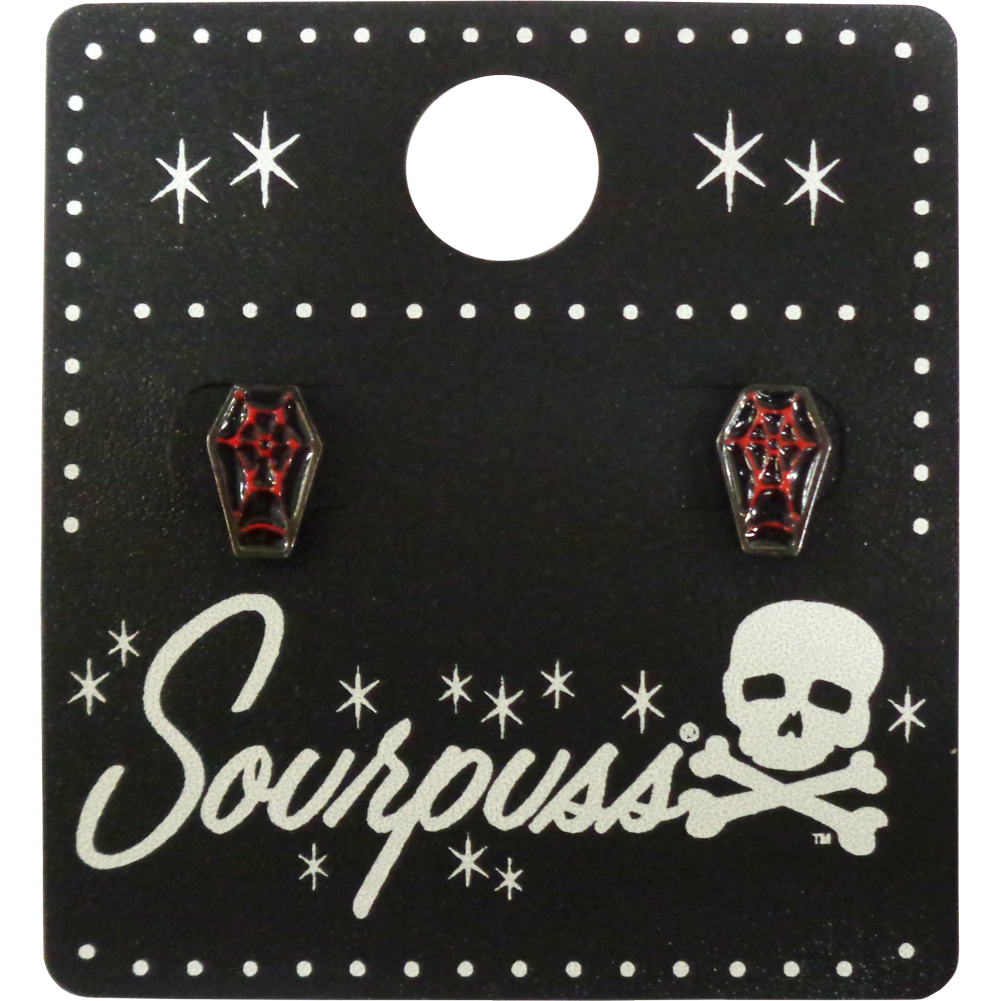Sourpuss Red & Black Coffin Earrings | Gothic Studs Alternative Jewelry | Spooky Fashion Accessories