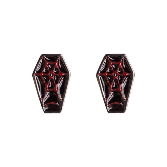 Sourpuss Red & Black Coffin Earrings | Gothic Studs Alternative Jewelry | Spooky Fashion Accessories