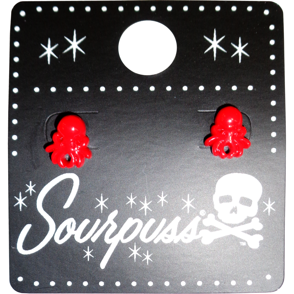 Sourpuss Red Octopus Earrings | Nautical Studs Rockabilly Jewelry | Alternative Sailor Accessories