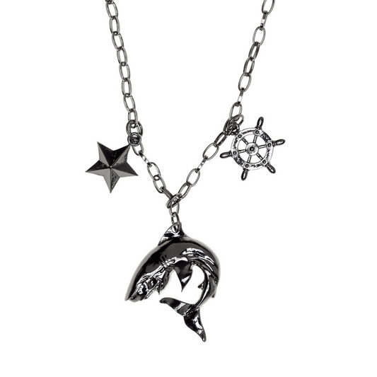 Sourpuss Shark Charm Necklace | Nautical Star & Captain’s Wheel Tattoo-Inspired Jewelry