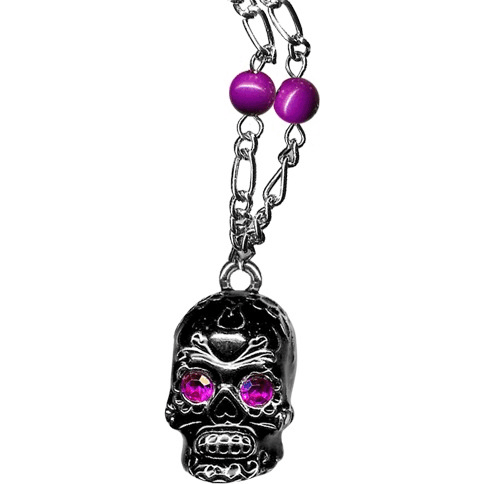 Sourpuss Silver Skull Pendant Necklace | Sugar Skull with Rhinestone Eyes – Clear & Purple Options