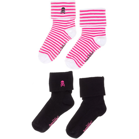 Sourpuss Skull Socks in Set of Two | Pink White Striped & Black Cuffed Novelty Socks Women Size 5-10