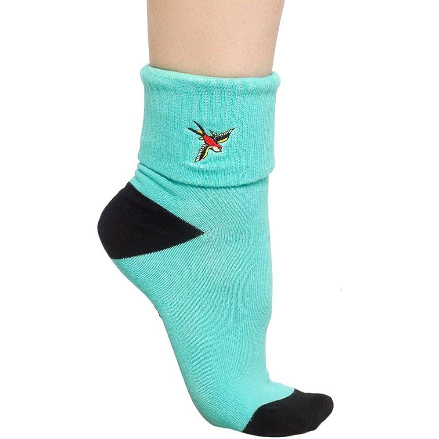 Sourpuss Sparrow Socks in Set of Two | Teal & Black Cuffed Novelty Socks Women Size 5-10