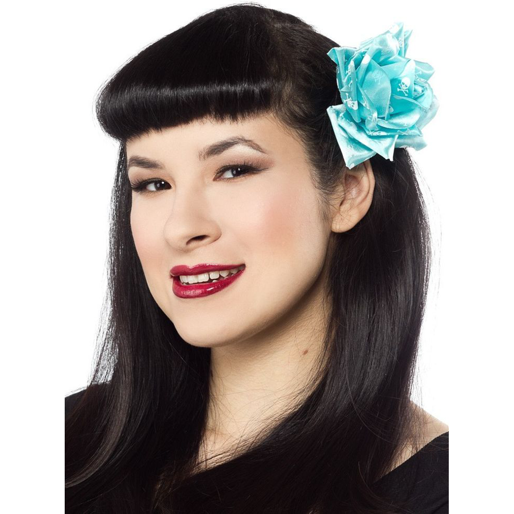 Sourpuss Turquoise & White Skull Rose Hair Clip | Gothic Rockabilly Pin-Up Hair Accessory