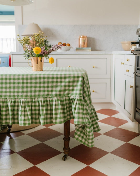 Moss Ruffled Gingham Tablecloth